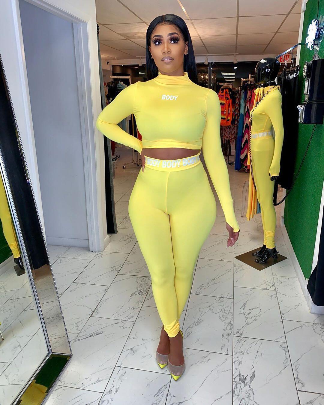 Hot Cross Border Sexy Solid Color Tight Long Sleeve Two Piece Suit For Women