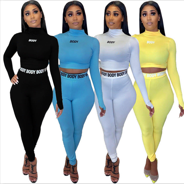 Hot Cross Border Sexy Solid Color Tight Long Sleeve Two Piece Suit For Women