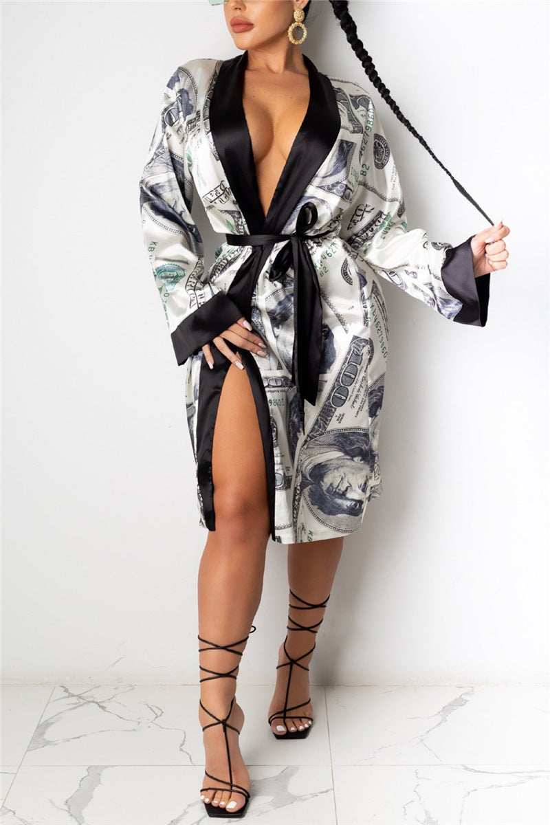 Long Sleeve Midi Bandage Dress Money Pajamas For Women Fashion Sexy Lounge Wear