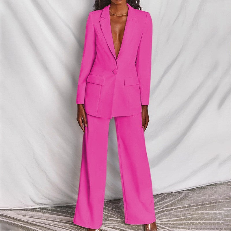 2 Piece Set Spring Solid Long Sleeve Blazer Suit And Pants For Women Autumn Outfit