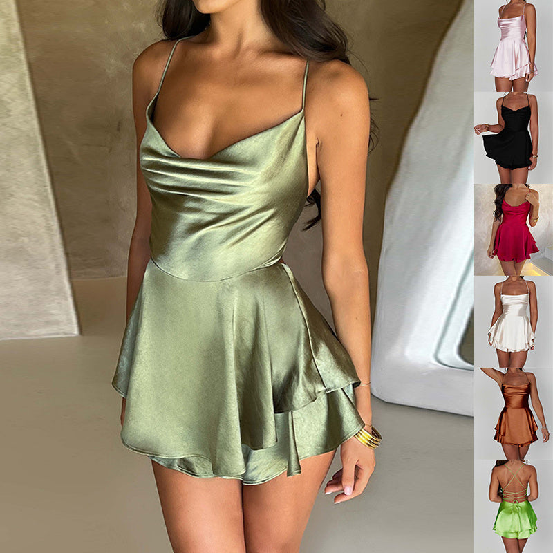 Sexy Elegant Slim Strap Satin Backless Lace Up A-Line Short Dress Lady
