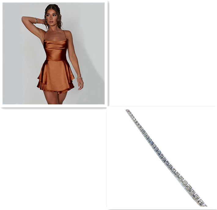 Sexy Elegant Slim Strap Satin Backless Lace Up A-Line Short Dress Lady