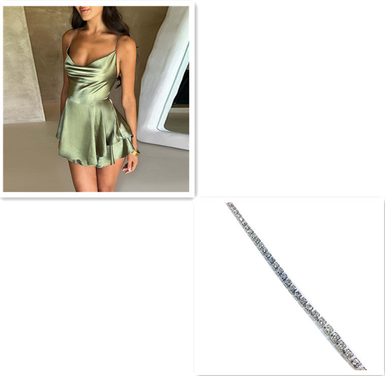 Sexy Elegant Slim Strap Satin Backless Lace Up A-Line Short Dress Lady