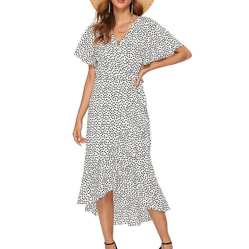 V-Neck High-Rise Lace-up Chiffon Print Skirt