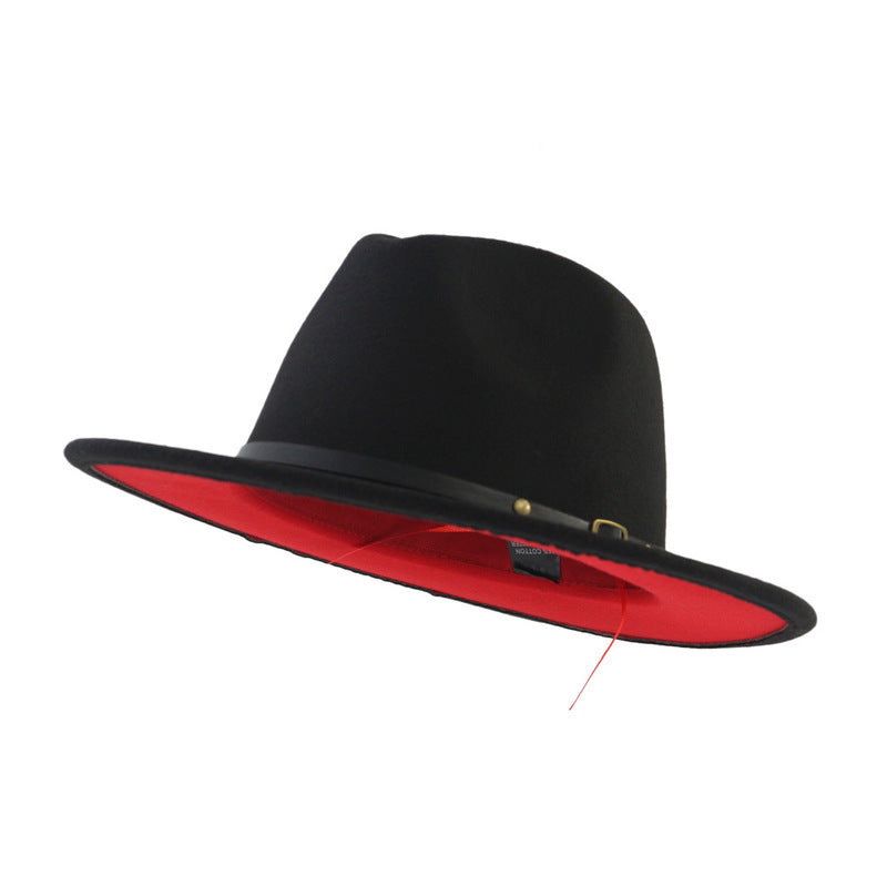 Woolen Top Color Matching Flat Brim Fedora Hat
