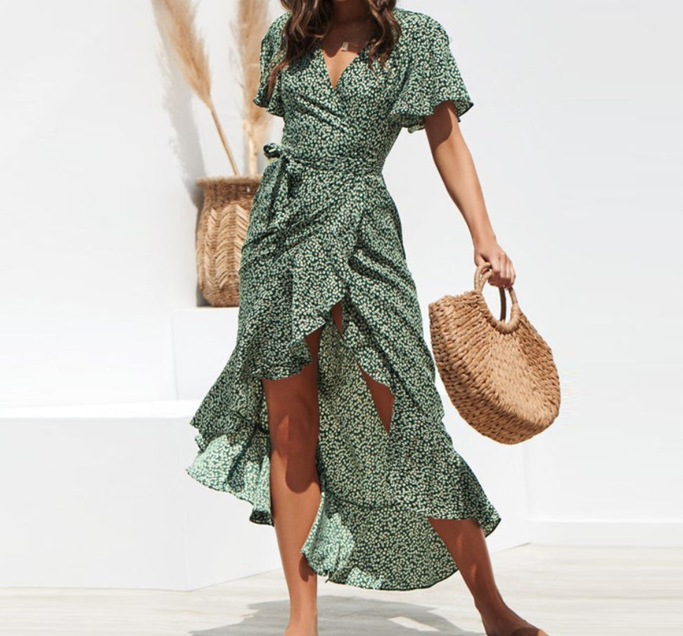 V-Neck High-Rise Lace-up Chiffon Print Skirt