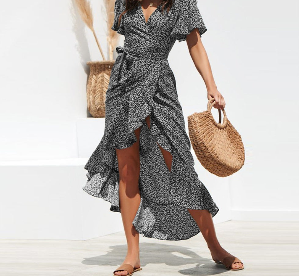 V-Neck High-Rise Lace-up Chiffon Print Skirt