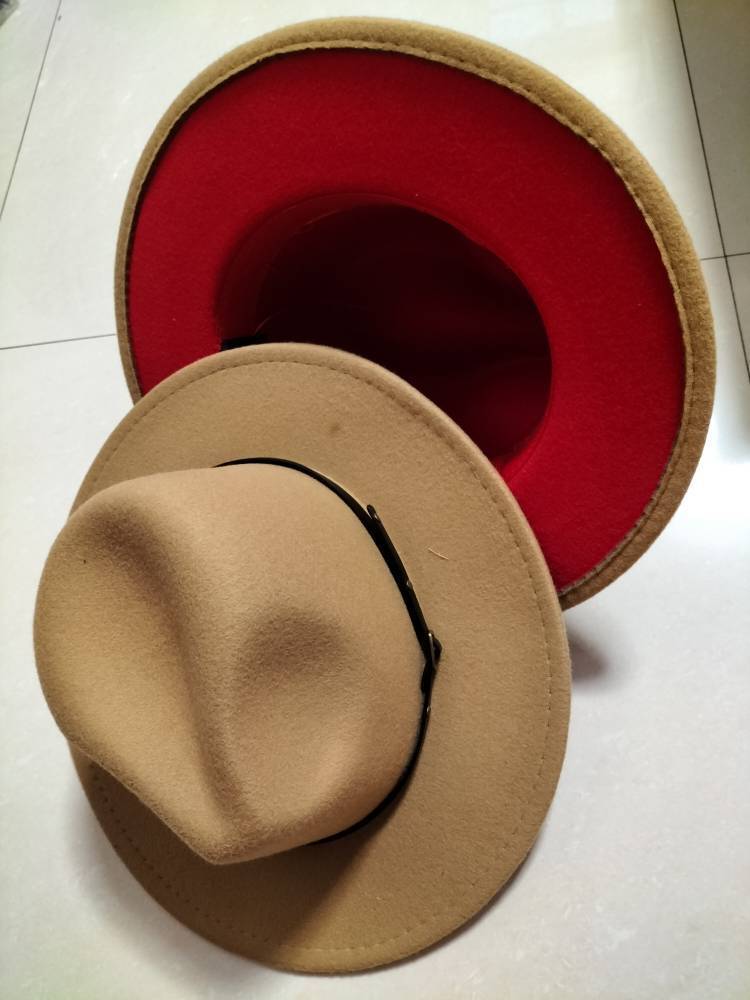 Woolen Top Color Matching Flat Brim Fedora Hat