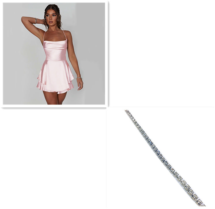 Sexy Elegant Slim Strap Satin Backless Lace Up A-Line Short Dress Lady