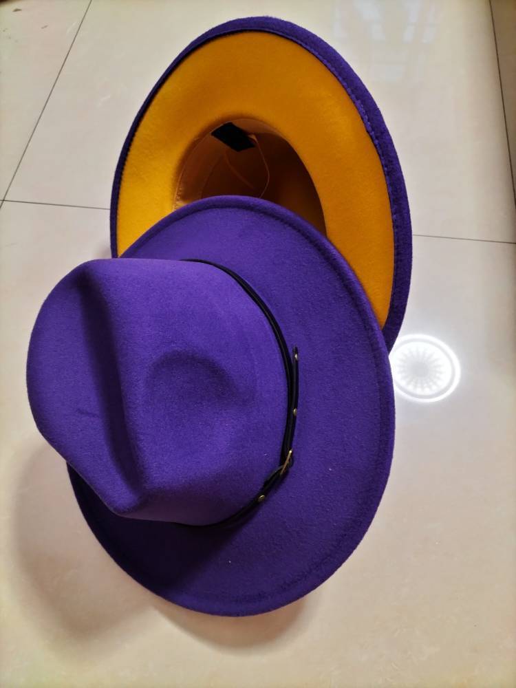 Woolen Top Color Matching Flat Brim Fedora Hat