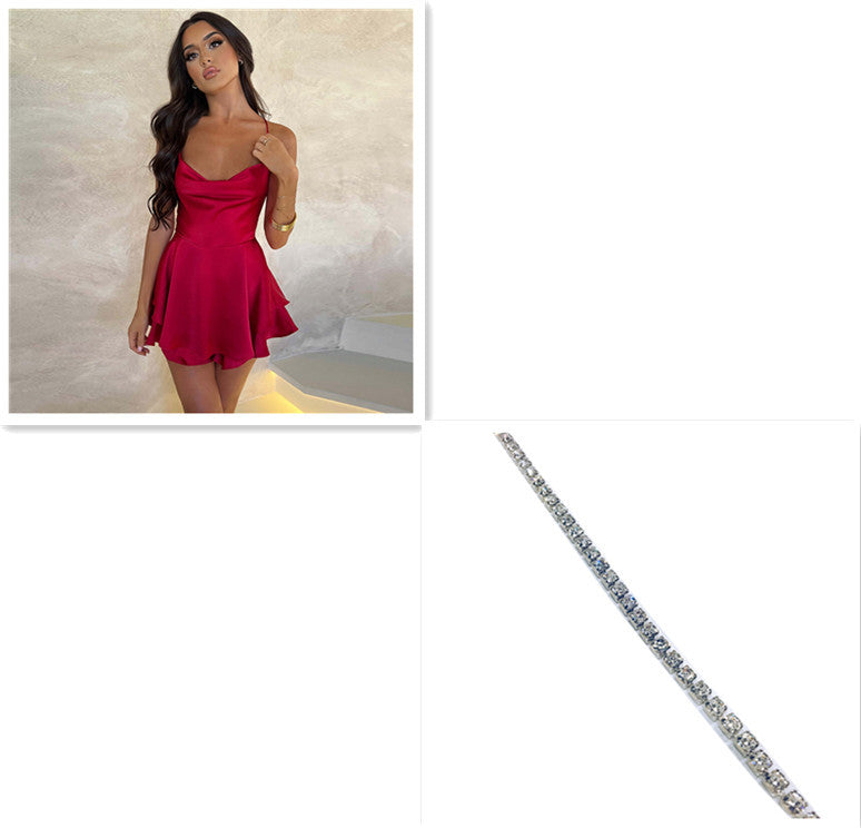 Sexy Elegant Slim Strap Satin Backless Lace Up A-Line Short Dress Lady