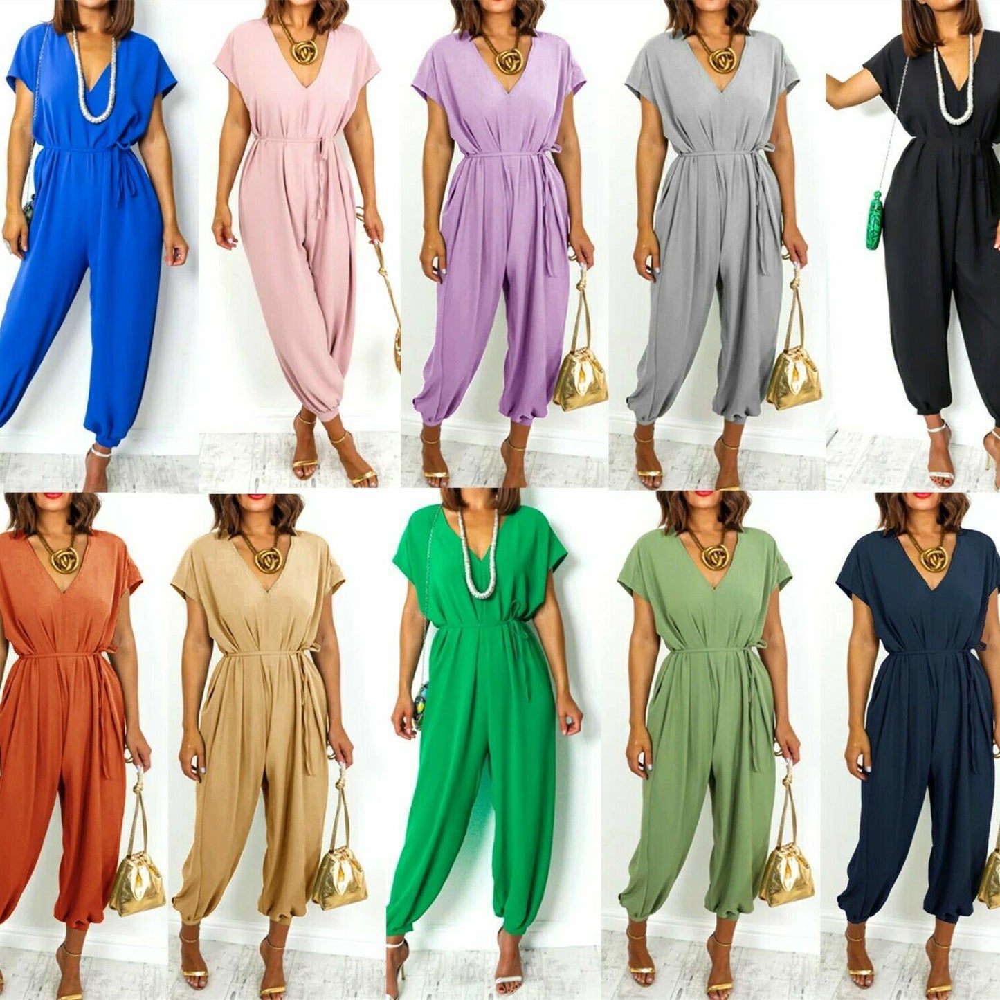 Women's V-neck Lace-up Waist Pants Wide Leg