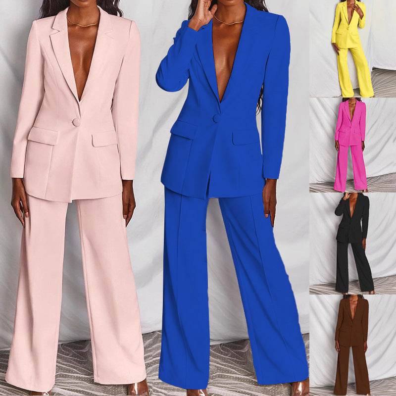 2 Piece Set Spring Solid Long Sleeve Blazer Suit And Pants For Women Autumn Outfit