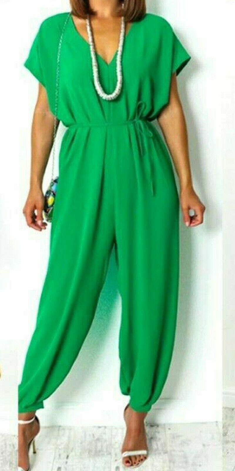 Women's V-neck Lace-up Waist Pants Wide Leg