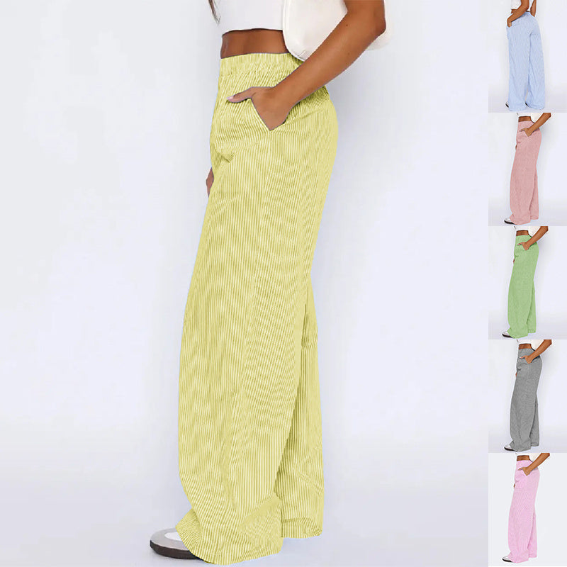 Striped Trousers With Pockets Casual Wide Leg Straight Pants For Women Clothing