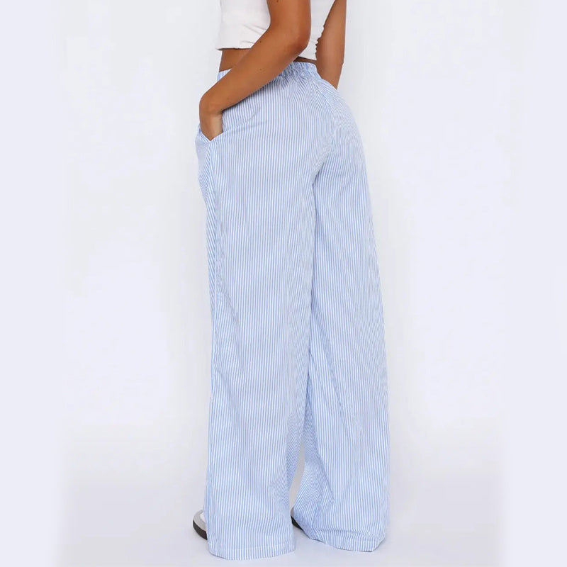 Striped Trousers With Pockets Casual Wide Leg Straight Pants For Women Clothing