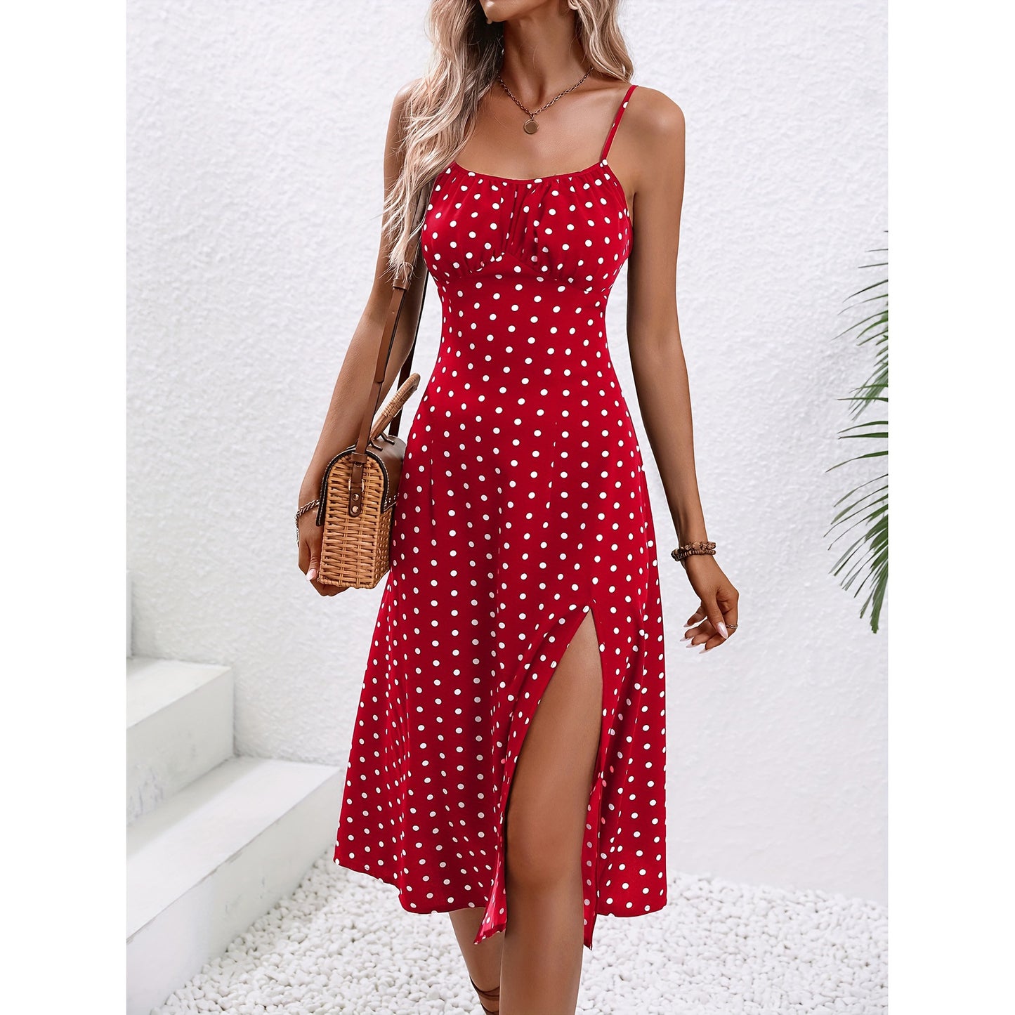 New Polka Dot Print Dress Summer Sexy Slit Long Dresses For Womens Clothing