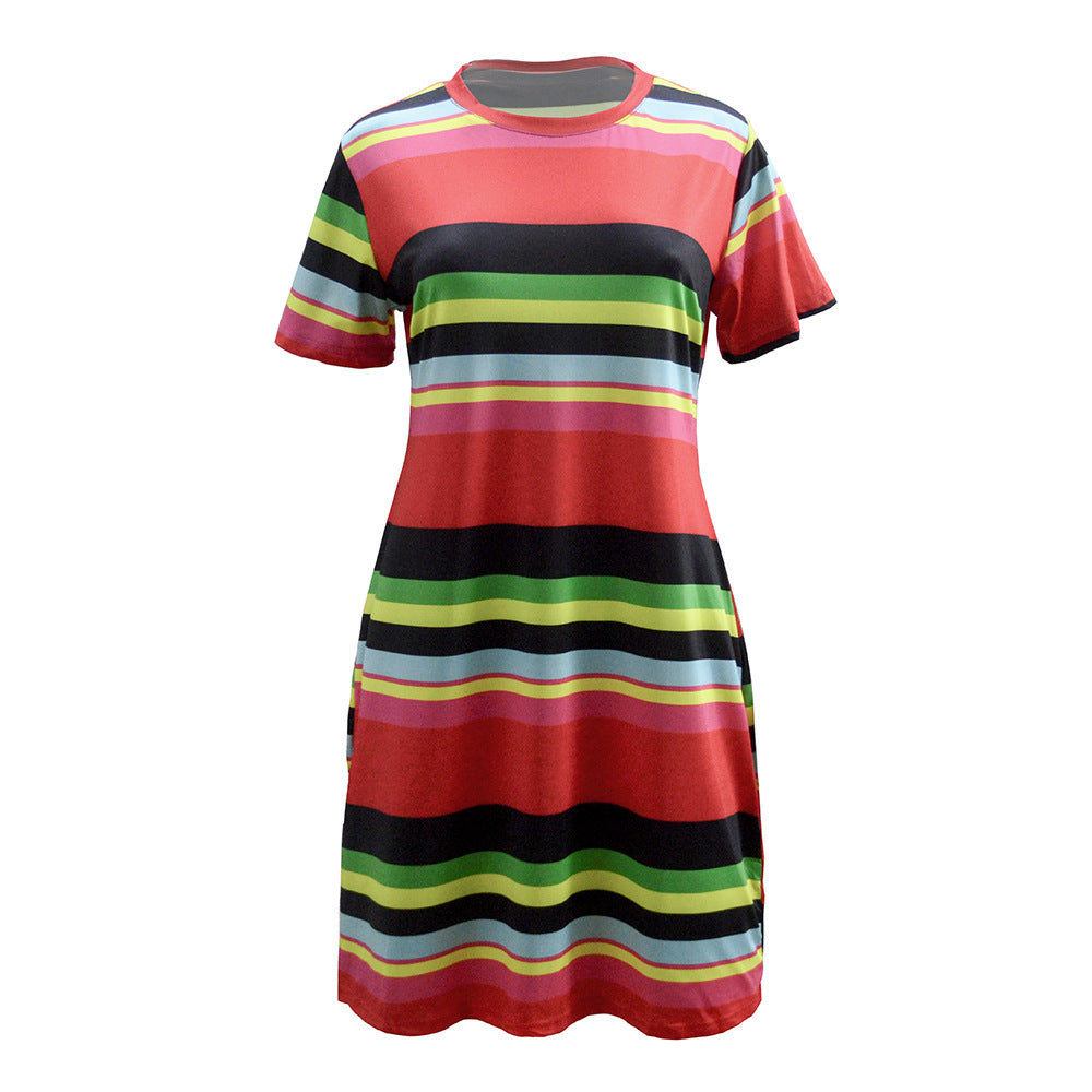 Striped Slim-fit Red Plus Size Woman Dress