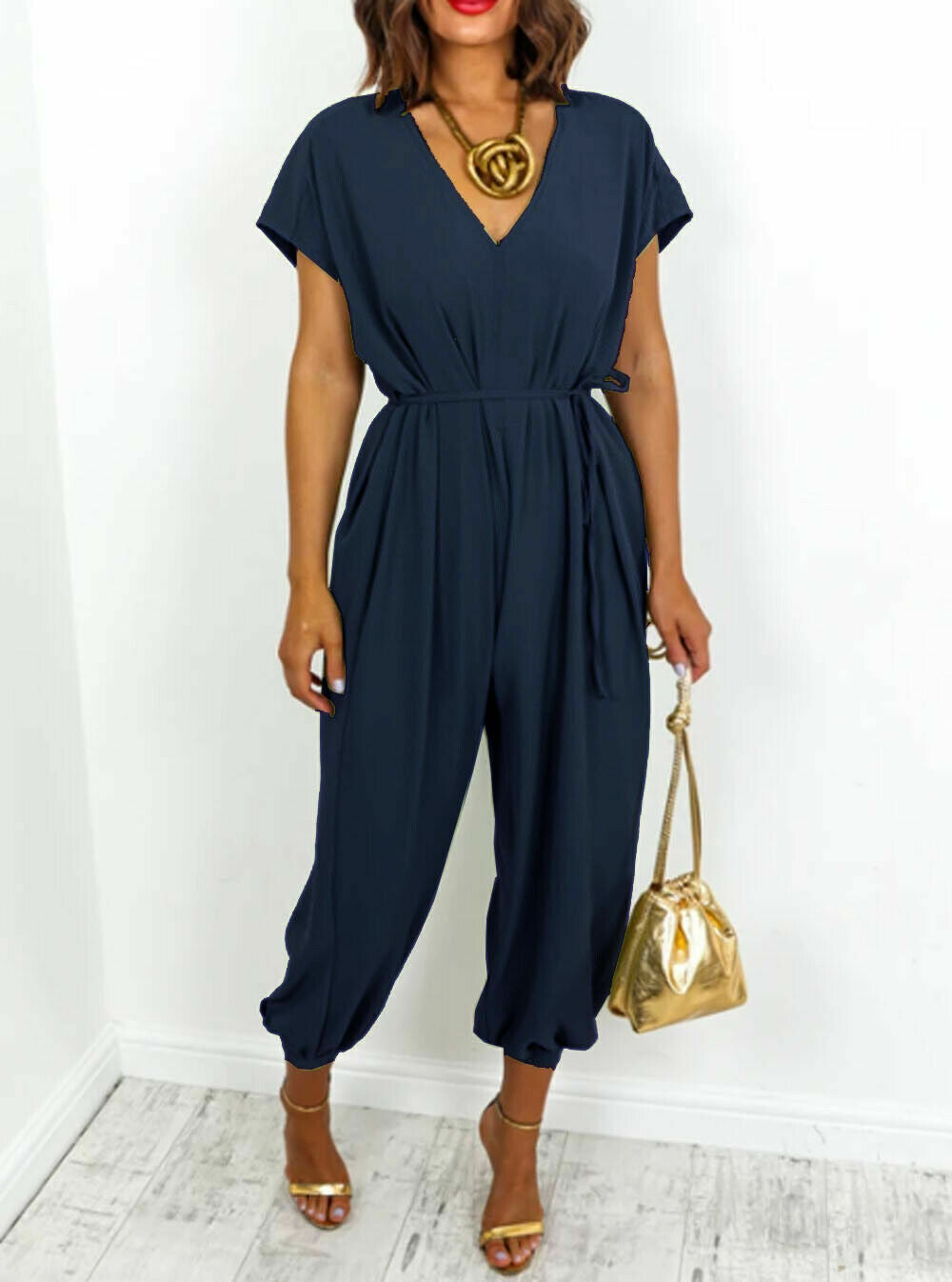 Women's V-neck Lace-up Waist Pants Wide Leg