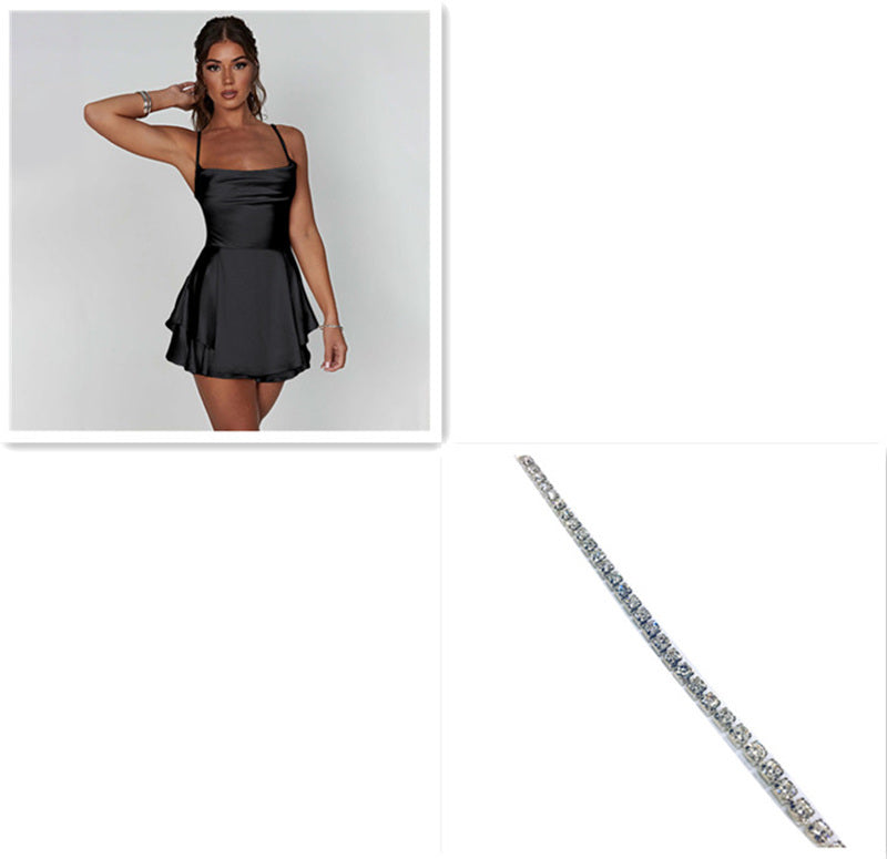 Sexy Elegant Slim Strap Satin Backless Lace Up A-Line Short Dress Lady