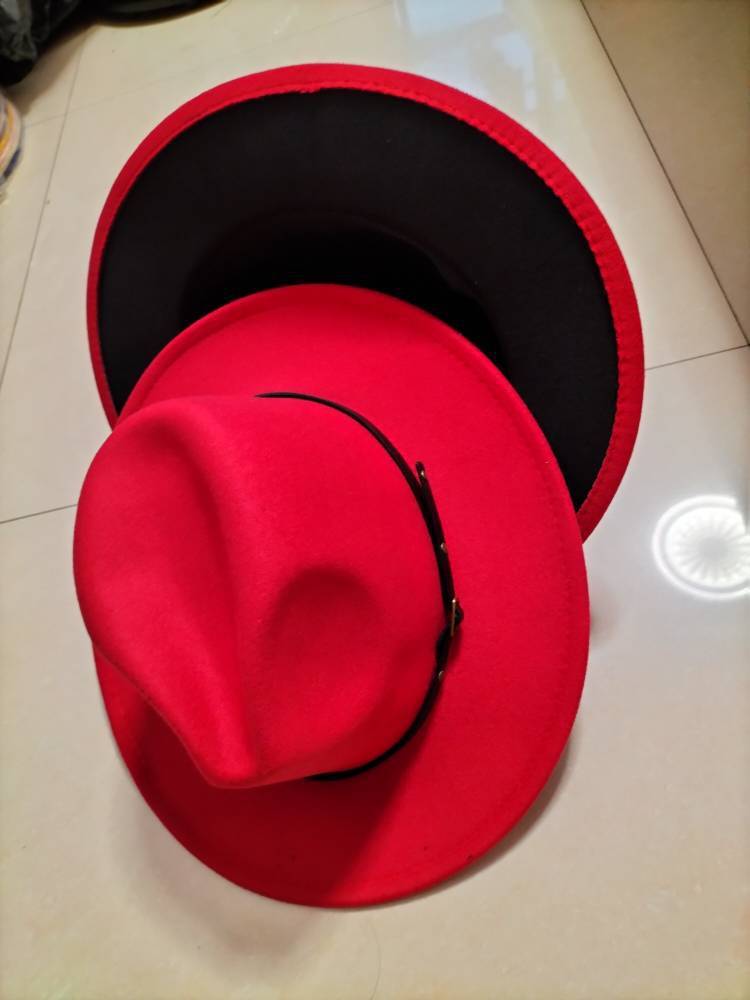 Woolen Top Color Matching Flat Brim Fedora Hat
