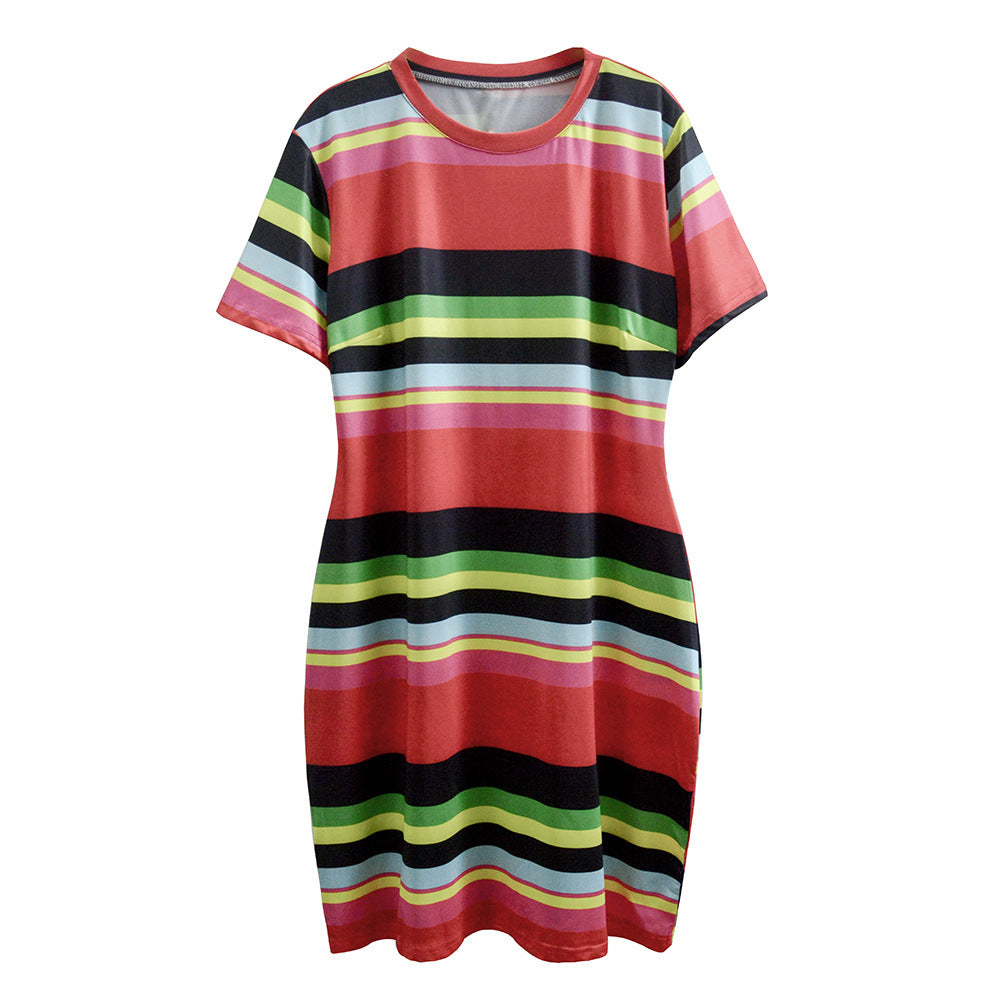 Striped Slim-fit Red Plus Size Woman Dress