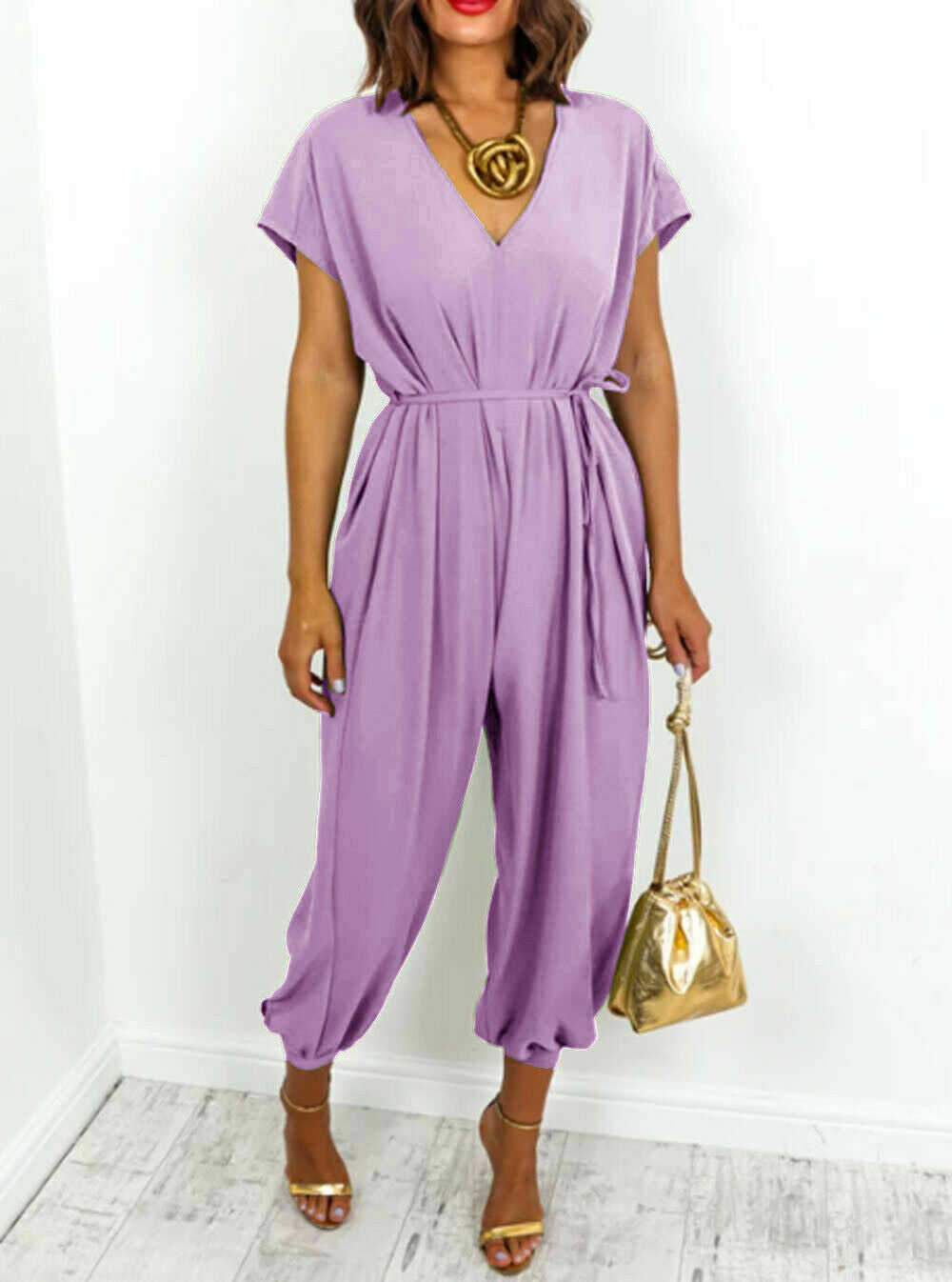 Women's V-neck Lace-up Waist Pants Wide Leg