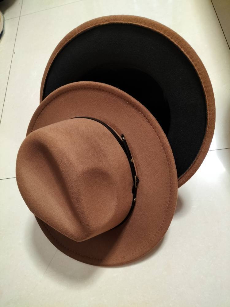 Woolen Top Color Matching Flat Brim Fedora Hat