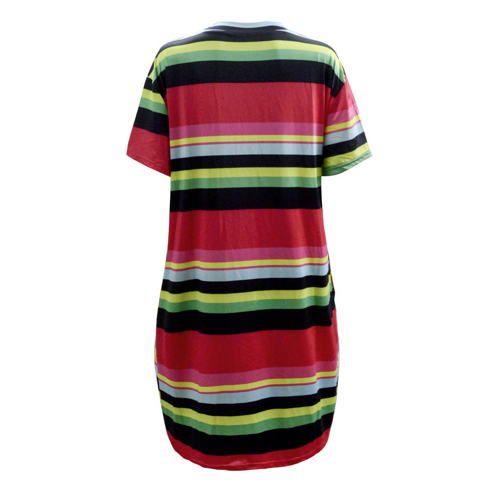Striped Slim-fit Red Plus Size Woman Dress