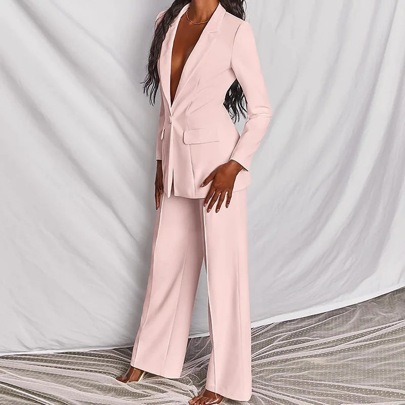 2 Piece Set Spring Solid Long Sleeve Blazer Suit And Pants For Women Autumn Outfit