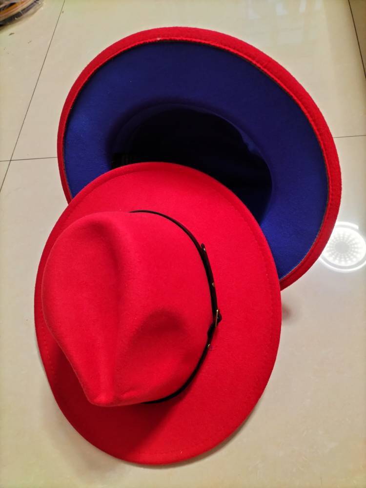 Woolen Top Color Matching Flat Brim Fedora Hat