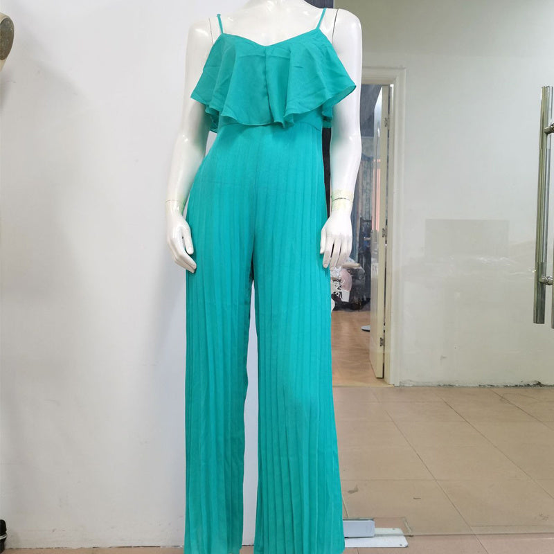 Women's Clothing Fashion Jumpsuit Suspender Pleated Wide Leg Ruffled Jumpsuit