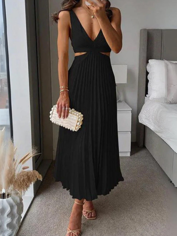 Pleated Long Dress With Hollow-waisted V-neck Backless Dresses Summer Women's Clothing