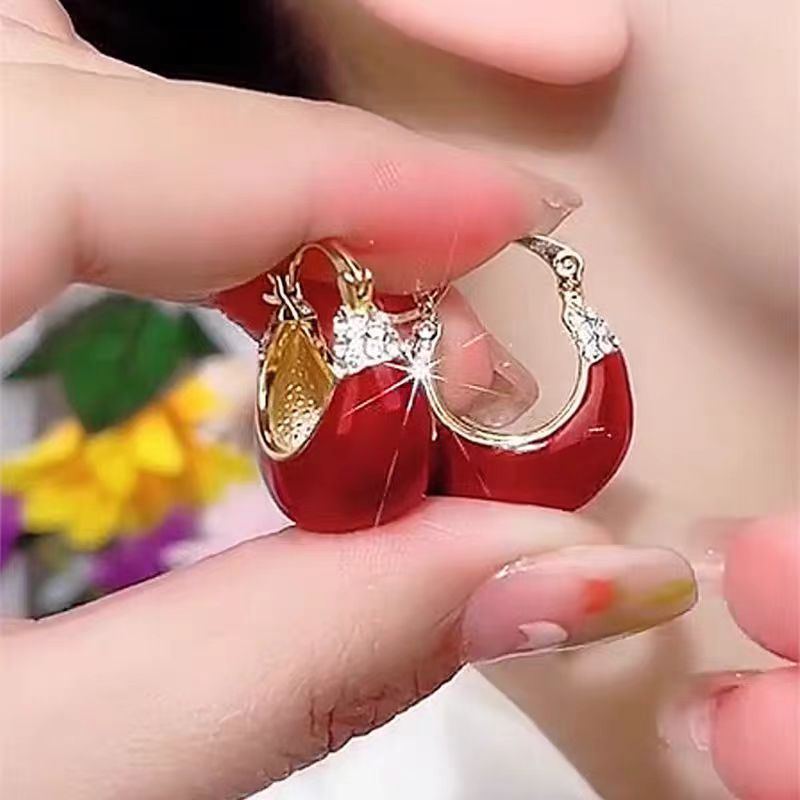 Elegant Sense Red Green Dripping Oil Rhinestone Earrings