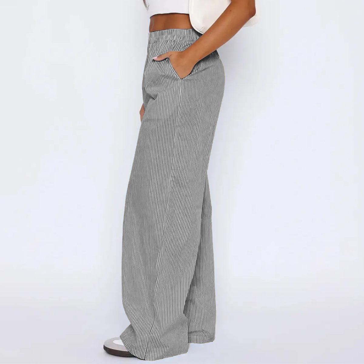 Striped Trousers With Pockets Casual Wide Leg Straight Pants For Women Clothing