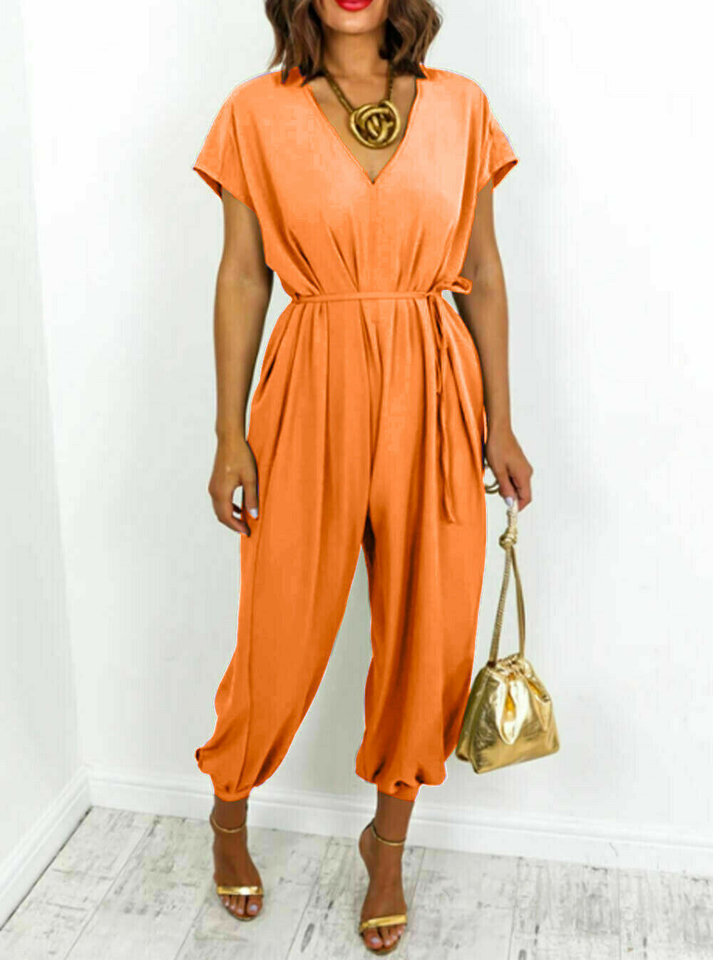 Women's V-neck Lace-up Waist Pants Wide Leg