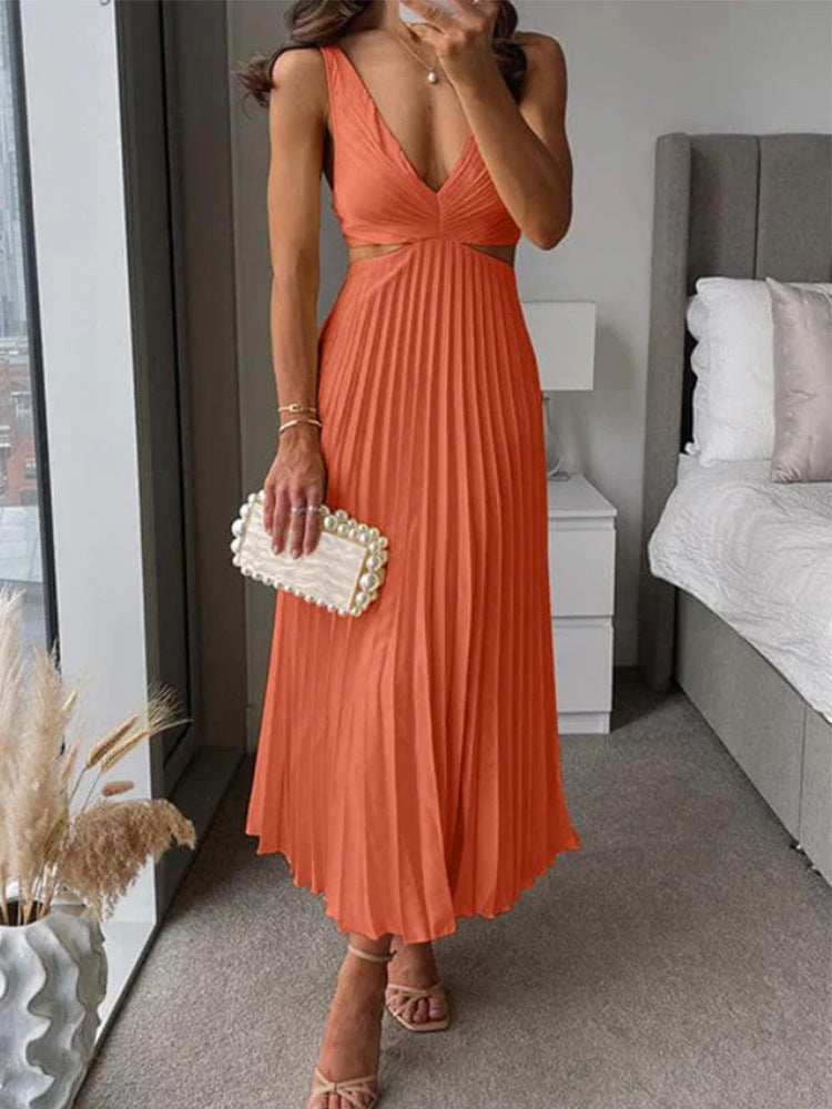 Pleated Long Dress With Hollow-waisted  V-neck Backless Dresses Summer Women's Clothing