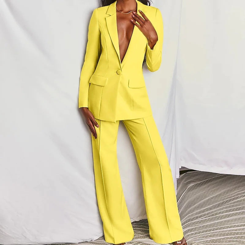 2 Piece Set  Spring Solid Long Sleeve Blazer Suit And Pants For Women Autumn  Outfit