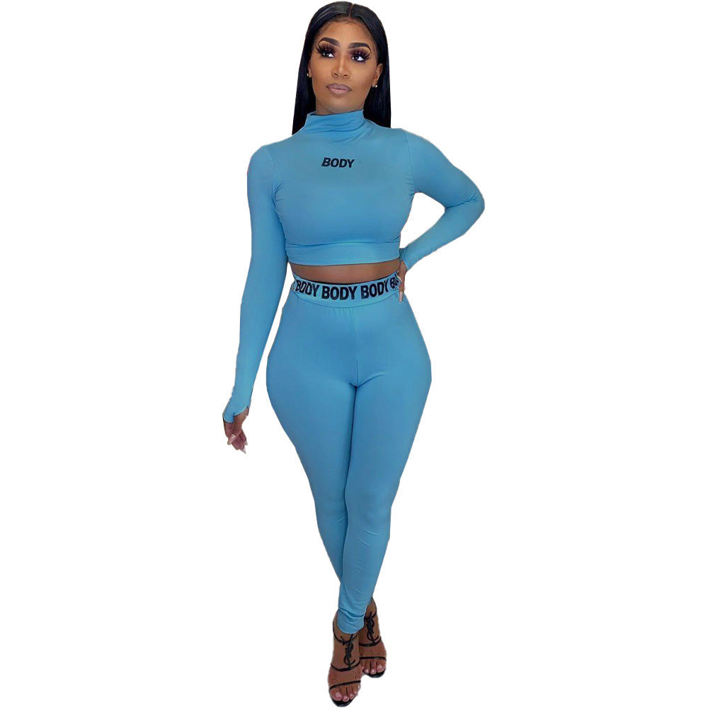 Hot Cross Border Sexy Solid Color Tight Long Sleeve Two Piece Suit For Women