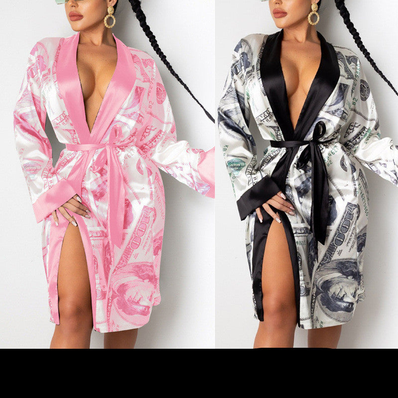 Long Sleeve Midi Bandage Dress Money Pajamas For Women Fashion Sexy Lounge Wear