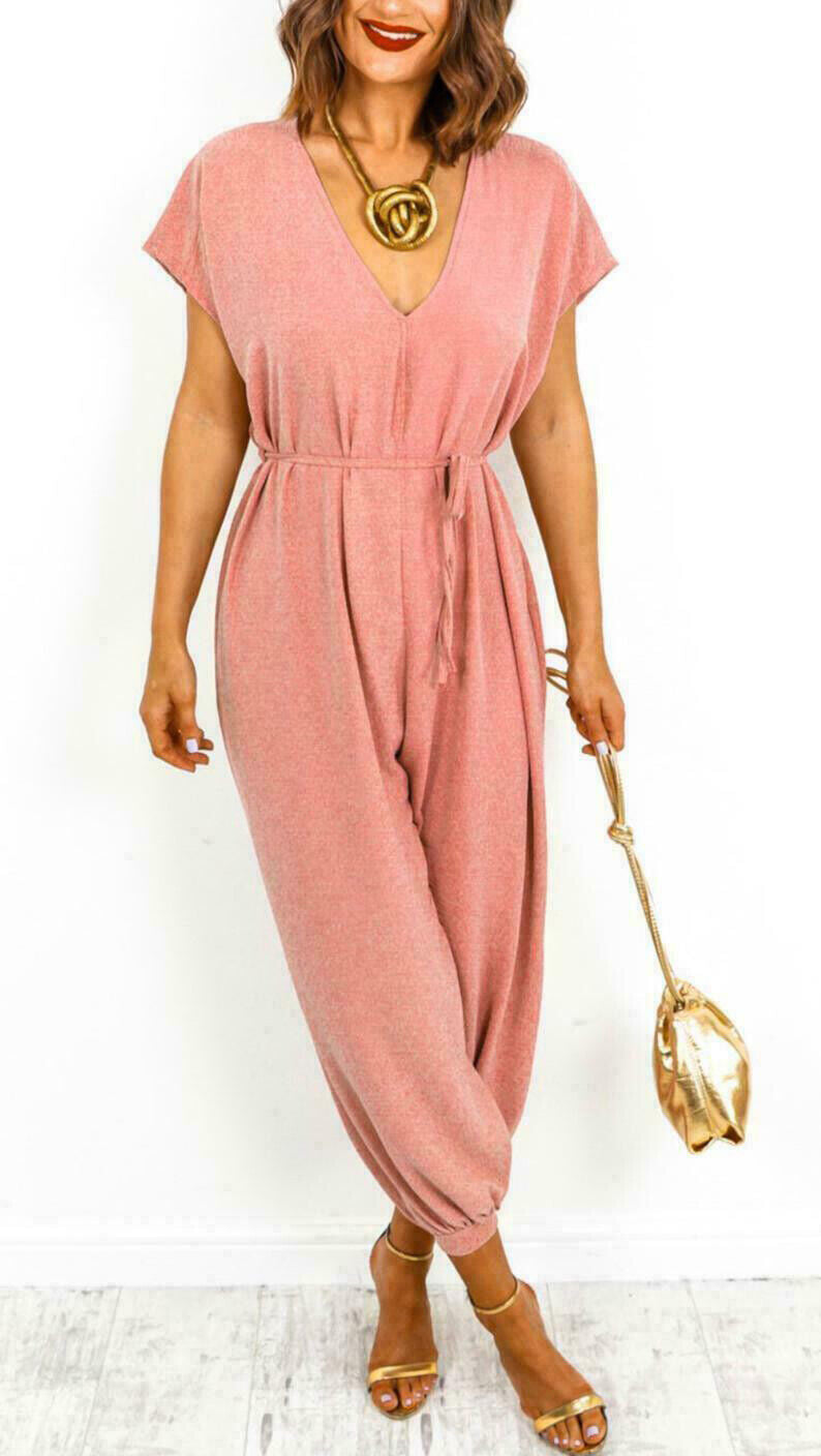 Women's V-neck Lace-up Waist Pants Wide Leg