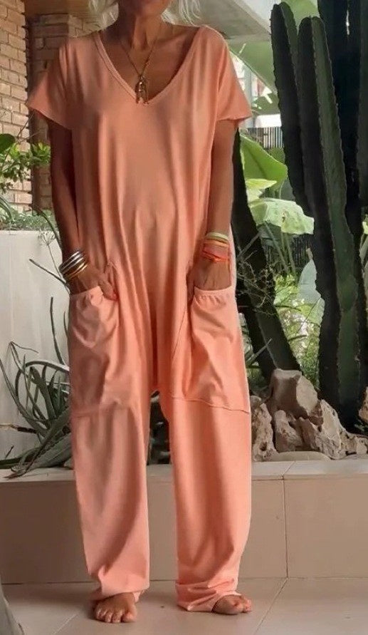 Solid Color And V-neck Oversized Pocket Jumpsuit