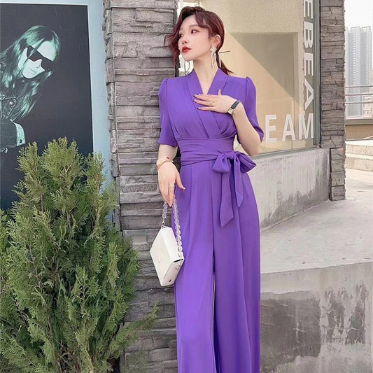 Pure Color High Waist Slimming Lace-up Wide Leg Jumpsuit