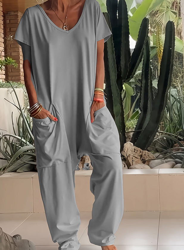 Solid Color And V-neck Oversized Pocket Jumpsuit