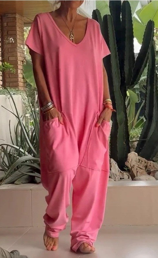 Solid Color And V-neck Oversized Pocket Jumpsuit