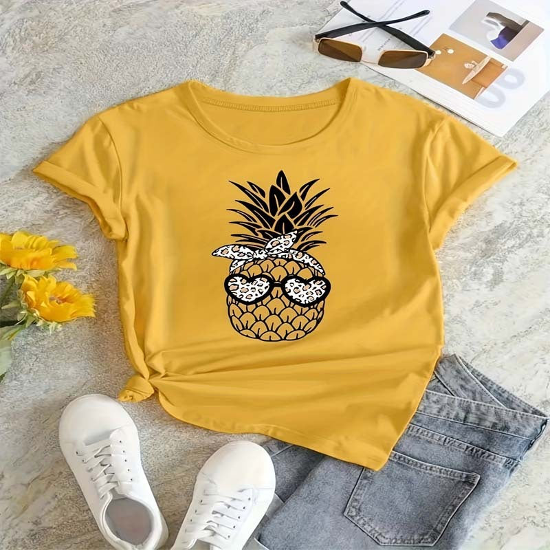 Women's Round Neck Short Sleeve T-Shirt Black Pineapple Print Casual Summer Top