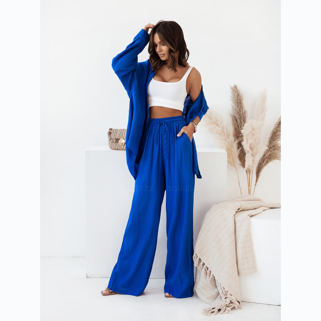 Solid Color Leisure Fashion Long Sleeve Blouse And Pants