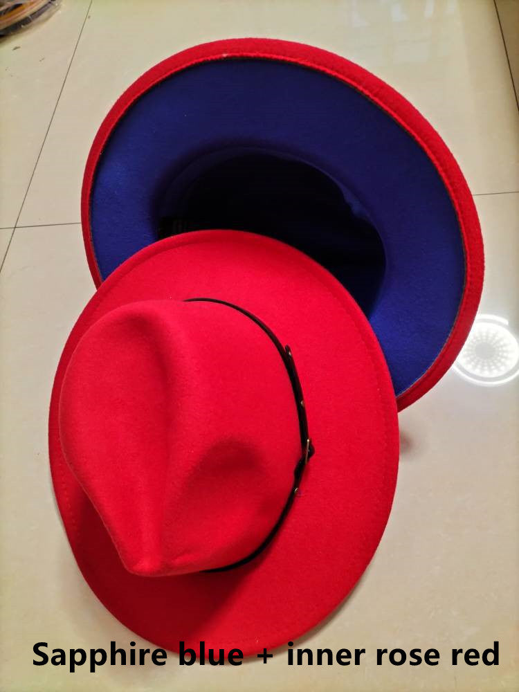 Woolen Top Color Matching Flat Brim Fedora Hat
