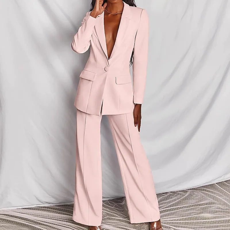 2 Piece Set  Spring Solid Long Sleeve Blazer Suit And Pants For Women Autumn  Outfit