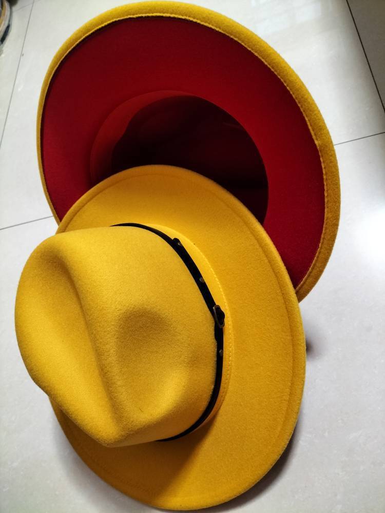 Woolen Top Color Matching Flat Brim Fedora Hat